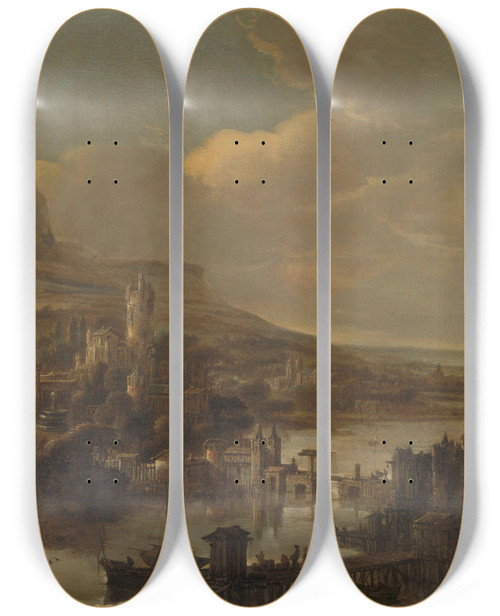 Triptych art skateboard deck of Jacob Willemsz De Wet River View by Jacob Willemsz. de Wet (1610-1671)