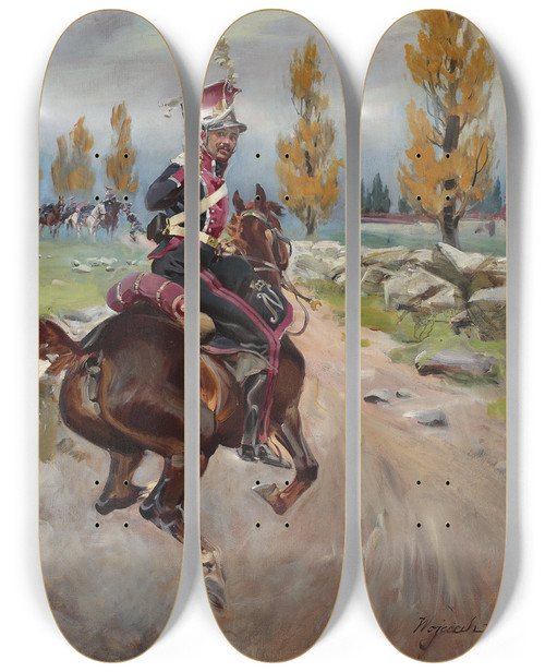 Triptych art skateboard deck of Wojciech Kossak Light Cavalryman On Reconnaissance by Wojciech Kossak (1857-1942)