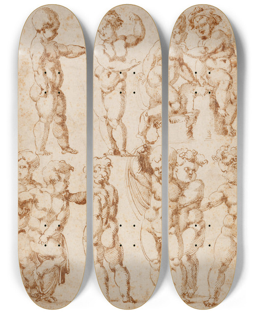 Triptych art skateboard deck of Baccio Bandinelli Studies Of Children by Baccio Bandinelli (1493-1560)