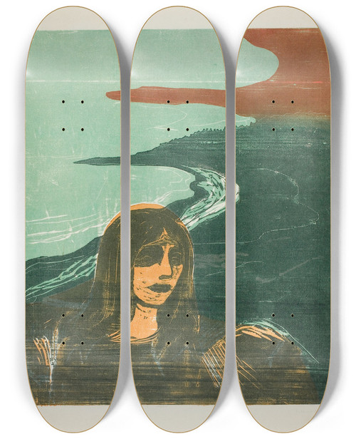 Triptych art skateboard deck of Edvard Munch Womans Head Against The Shore by Edvard Munch (1863-1944)