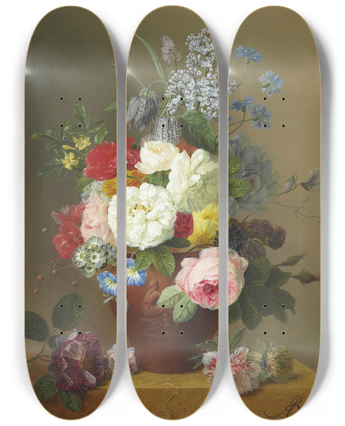 Triptych art skateboard deck of Arnoldus Bloemers Roses Poppies Cornflowers Convulvulus Jasmine Fritilleries A Primula A Peony And Lilac In A Terracotta Vase With A Sprig Of Roses And Other Flowers On A Stone Ledge by Arnoldus Bloemers (1792-1844)