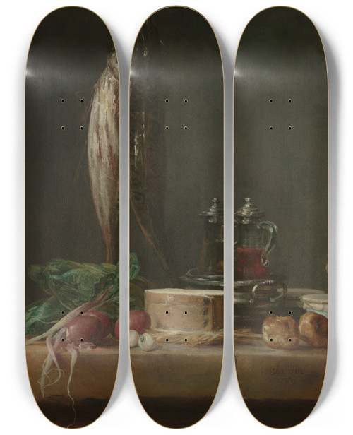 Triptych art skateboard deck of Jean Simon Chardin Still Life With Fish Vegetables Gougres Pots And Cruets On A Table by Jean Simeon Chardin (1699-1779)