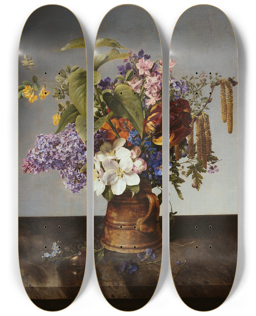 Triptych art skateboard deck of Johann Wilhelm Preyer Garden Bouquet In The Jug by Johann Wilhelm Preyer (1803-1889)