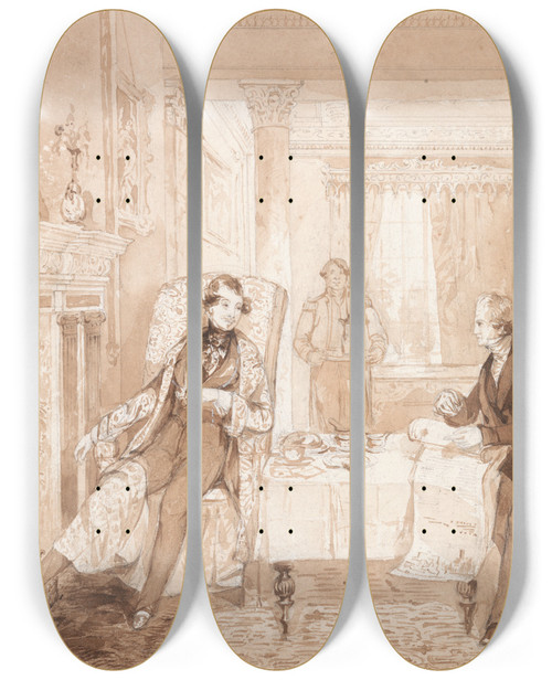 Triptych art skateboard deck of Henry Dawe The Life Of A Nobleman Scene The First The Inheritance by Henry Dawe (1790-1848)