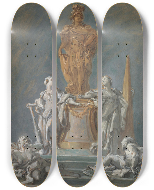 Triptych art skateboard deck of Franois Boucher Study For A Monument To A Princely Figure by Francois Boucher (1703-1770)