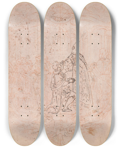 Triptych art skateboard deck of Hubertfranois Gravelot Design For A Frontispiece A Bishop Conferring An Honor Scene Within A Cartouche by Hubert-Franois Gravelot (1699-1773)