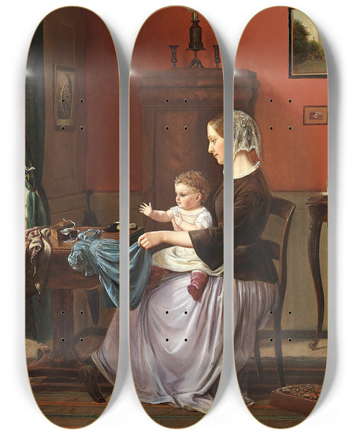 Triptych art skateboard deck of Edvard Bentzen Interir Fra Et Borgerhjem 1861 by Edvard Bentzen (1833-1914)