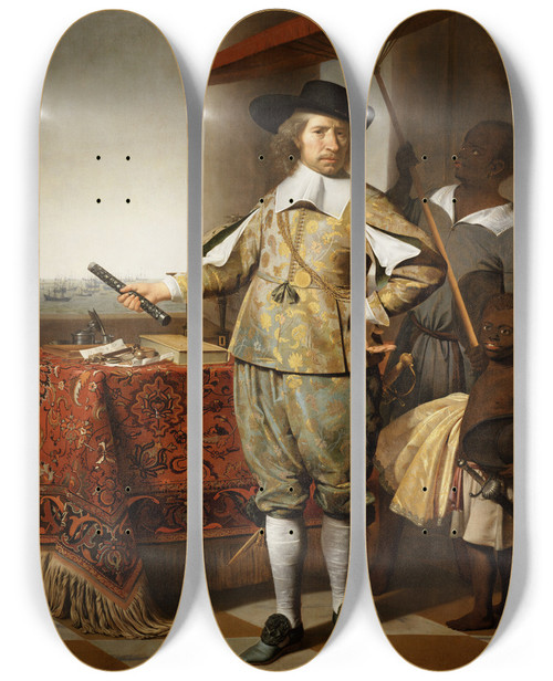 Triptych art skateboard deck of Caesar Van Everdingen Portrait Of Wollebrand Geleynsz De Jongh 15941674 With A Servant And A Child by Caesar Van Everdingen (1617-1678)