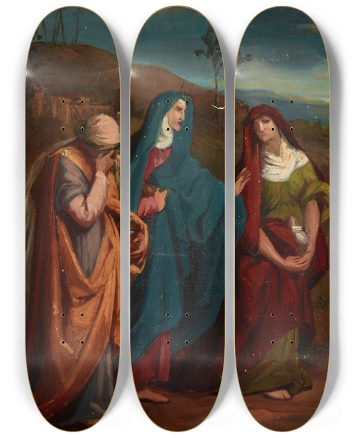 Triptych art skateboard deck of Jzef Simmler Sketch To The Painting Three Marys Walking To Christs Tomb_1 by Jozef Simmler (1823-1868)