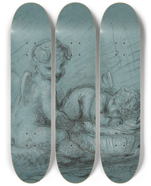 Triptych art skateboard deck of Pierrepaul Prudhon Amours Couchs by Pierre-Paul Prud'hon (1758-1823)