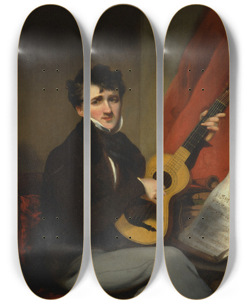 Triptych art skateboard deck of George Chinnery Portrait Of A Man Playing A Guitar by George Chinnery (1774-1852)