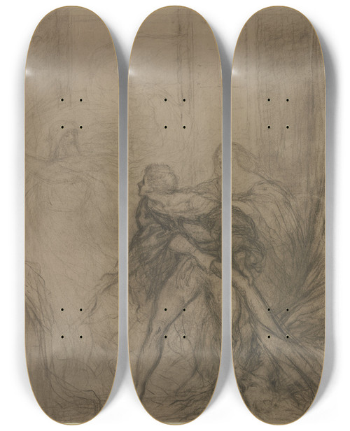 Triptych art skateboard deck of Victor Mller Hamlet Mit Seiner Mutter Gertrude Und Dem Hinter Einem Vorhang Getteten Polonius Im Hintergrund Der Geist Des Vaters Seine Forderung Nach Rache Erneuernd by Victor Muller (1829-1871)