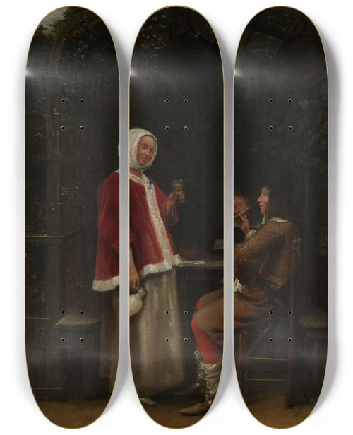 Triptych art skateboard deck of Pieter De Hooch A Woman And Two Men In An Arbor by Pieter De Hooch (1629-1684)