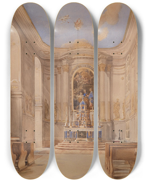 Triptych art skateboard deck of Franz Alt Kircheninneres by Franz Alt (1821-1914)