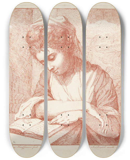 Triptych art skateboard deck of Angelica Kauffmann The Reading Girl by Angelica Kauffmann (1741-1807)