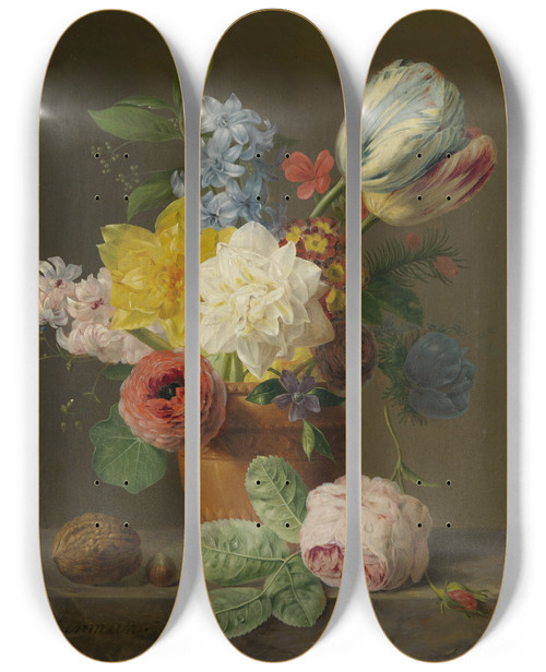 Triptych art skateboard deck of Anthony Oberman Still Life With Flowers And Nuts by Anthony Oberman (1781-1845)