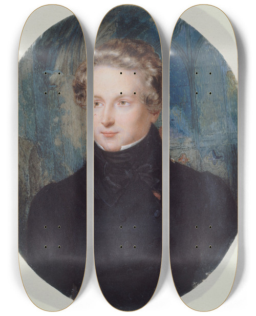 Triptych art skateboard deck of Jean Alaux Portrait De Victor Hugo Sur Fond De Notredame De Reims by Jean Alaux (1788-1858)