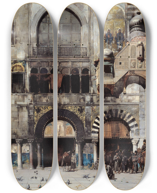 Triptych art skateboard deck of Alberto Pasini Circassian Cavalry Awaiting Their Commanding Officer At The Door Of A Byzantine Monument by Alberto Pasini (1826-1899)