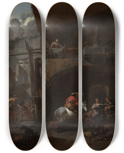 Triptych art skateboard deck of Nicolaes Pietersz Berchem The Return From The Hunt by Nicolaes Pietersz Berchem (1620-1683)