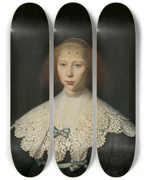 Triptych art skateboard deck of Dirck Dircksz Van Santvoort Agatha Geelvinck 161738 First Wife Of Frederik Dircksz Alewijn by Dirck Dircksz Van Santvoort (1610-1680)