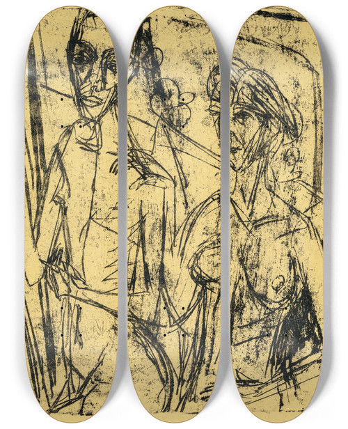 Triptych art skateboard deck of Ernst Ludwig Kirchner Couple In Room Nude Man With Woman by Ernst Ludwig Kirchner (1880-1938)