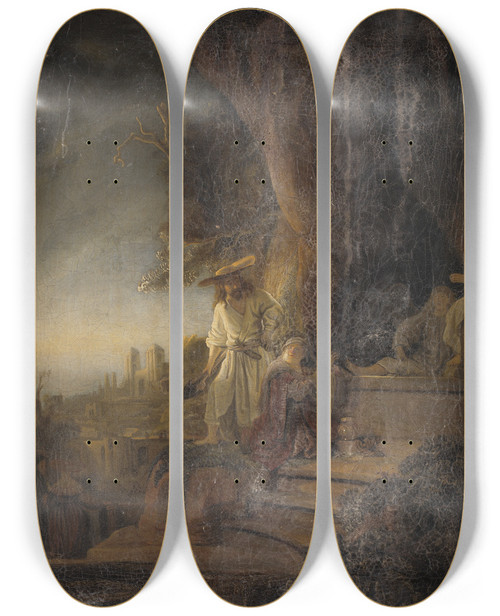 Triptych art skateboard deck of Aert De Gelder King Ahasuerus Presents Mordecai With His Ring by Aert de Gelder (1645-1727)