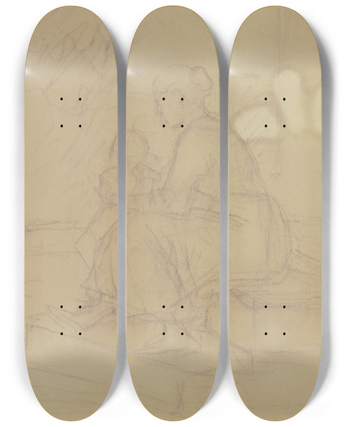 Triptych art skateboard deck of Jakob Becker Mutter Und Kind Auf Einer Treppe by Jakob Becker (1810-1872)