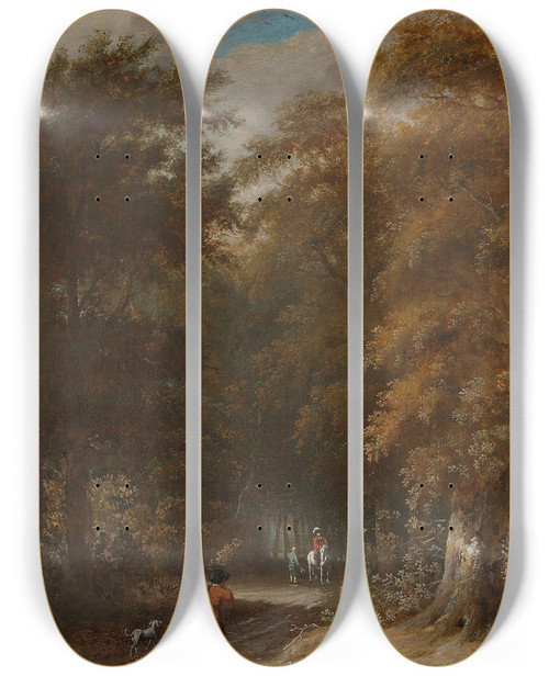 Triptych art skateboard deck of Roelof Jansz Van Vries A Forest Landscape With A Traveller And A Rider On A White Horse by Roelof Jansz. van Vries (1631-1681)