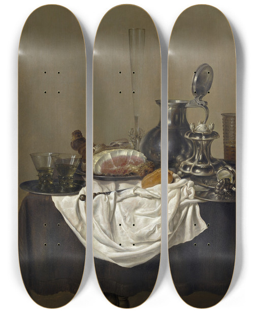 Triptych art skateboard deck of Gerret Willemsz Heda Still Life With Ham by Gerret Willemsz Heda (1625-1649)