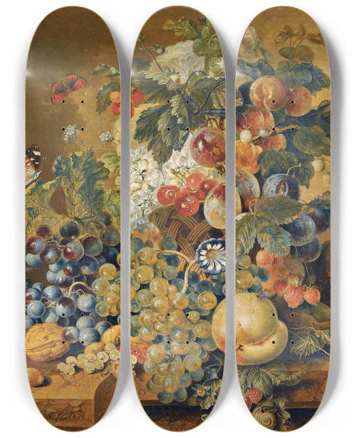 Triptych art skateboard deck of Jacobus Linthorst A Still Life With A Basket Of Fruit Nutsand Flowers On A Stone Ledge by Jacobus Linthorst (1745-1815)