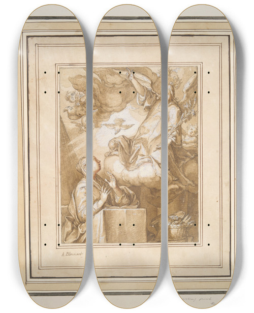 Triptych art skateboard deck of Abraham Bloemaert Theannunciation by Abraham Bloemaert (1564-1651)