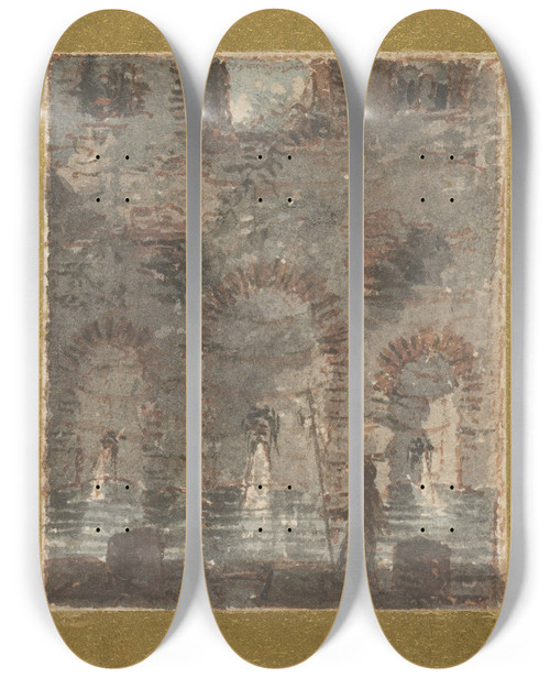 Triptych art skateboard deck of Victorjean Nicolle Rune Van Een Antiek Badhuis by Victor-Jean Nicolle (1754-1826)