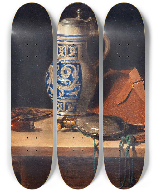 Triptych art skateboard deck of Max Schdl Still Life With Pitcher And Powder Flask by Max Schodl (1834-1921)