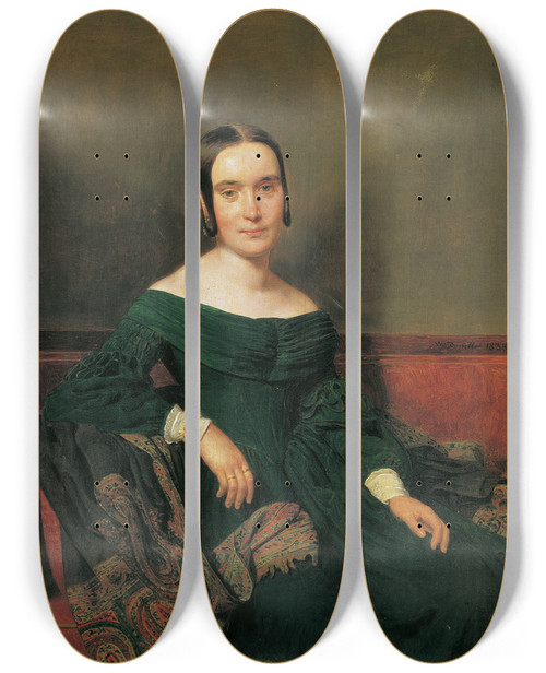 Triptych art skateboard deck of Ferdinand Georg Waldmller Lady In Vermilion Dress by Ferdinand Georg Waldmuller (1793-1865)