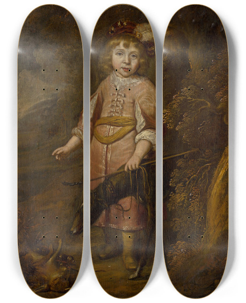 Triptych art skateboard deck of Circle Of Matthys Van Den Bergh Portrait Of A Boy As A Hunter by circle of Matthys van den Bergh (1618-1687)