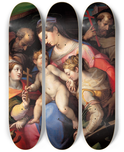 Triptych art skateboard deck of Orazio Samacchini The Holy Family With St Catherine Of Alexandria St Margaret Of Antioch And St Francis Of Assisi by Orazio Samacchini (1532-1577)