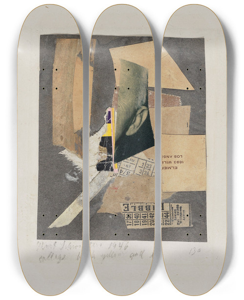 Triptych art skateboard deck of Kurt Schwitters Collage Black Yellow And Ear by Kurt Schwitters (1887-1948)