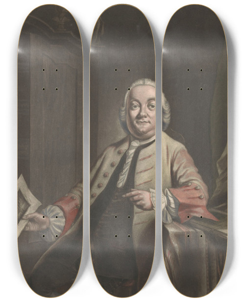 Triptych art skateboard deck of Jacobus Buys Portret Van Simon Fokke Met In Zijn Hand De Prent Van De Plundering Van Het Huis Van Gerrit Hagedooren by Jacobus Buys (1724-1801)