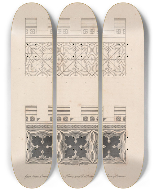 Triptych art skateboard deck of John Thomas Smith Geometrical Construction Of The Freeze And Battlements In The House Of Commons by John Thomas Smith (1766-1833)