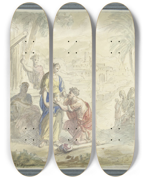 Triptych art skateboard deck of Elias Van Nijmegen Rebekka En Elizer Aan De Bron by Elias Van Nijmegen (1667-1755)