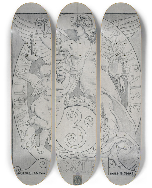 Triptych art skateboard deck of Joseph Blanc Modle De Timbre De 3 Centimes by Joseph Blanc (1846-1904)