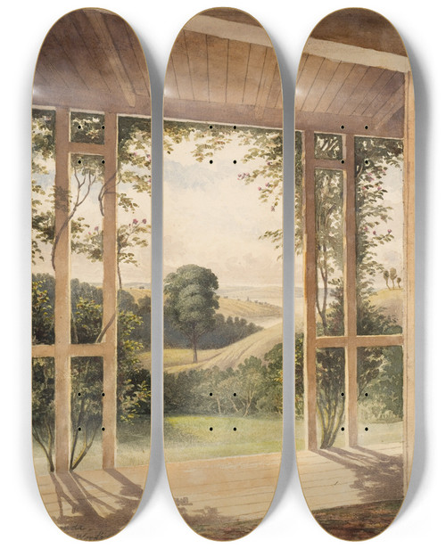 Triptych art skateboard deck of John Kinder Auckland From The Verandah Of Mr Reader Woods Cottage by John Kinder (1819-1903)