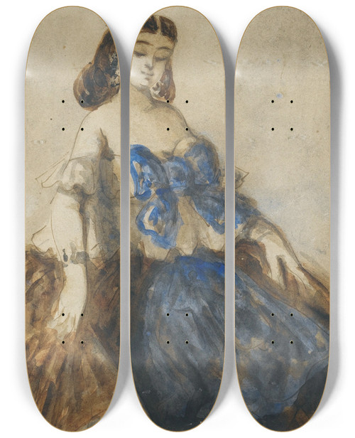 Triptych art skateboard deck of Constantin Guys Le Noeud Bleu by Constantin Guys (1805-1892)