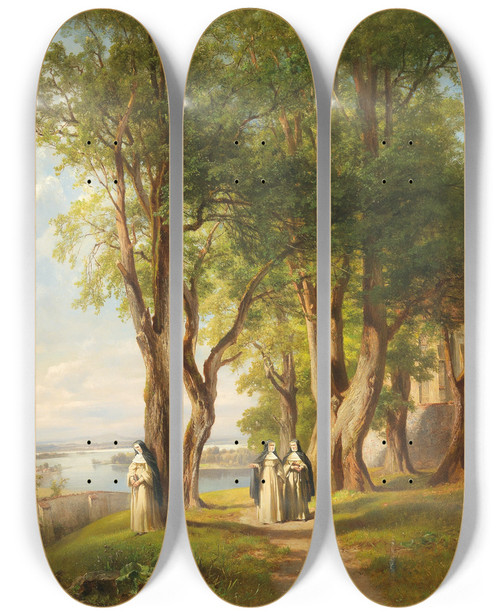 Triptych art skateboard deck of Anton Hansch In The Nunnery Garden by Anton Hansch (1813-1876)