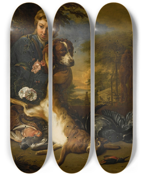 Triptych art skateboard deck of Jan Weenix A Boy And A Dog With A Still Life Of Game In A Park Landscape by Jan Weenix (1641-1719)
