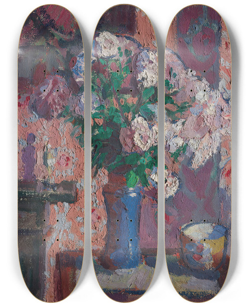 Triptych art skateboard deck of Harold Gilman Roses In A Blue Vase by Harold Gilman (1876-1919)