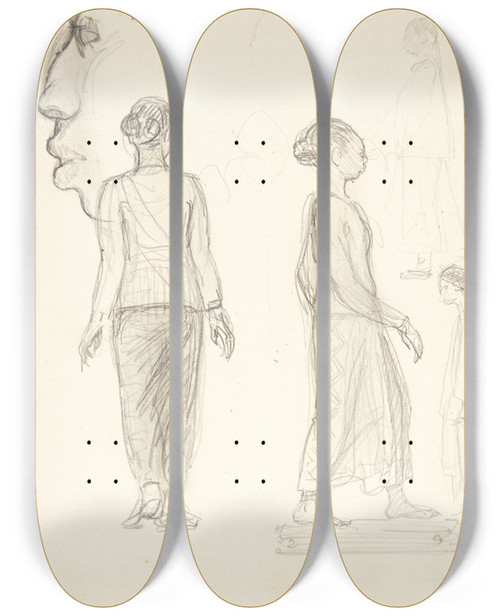 Triptych art skateboard deck of Svend Rathsack Studieblad Med Javanske Kvinder Fotv Profilhoved by Svend Rathsack (1885-1941)