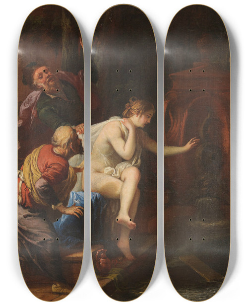 Triptych art skateboard deck of Johann Von Spillenberger Susanna Und Die Beiden Alten by Johann Von Spillenberger (1628-1679)