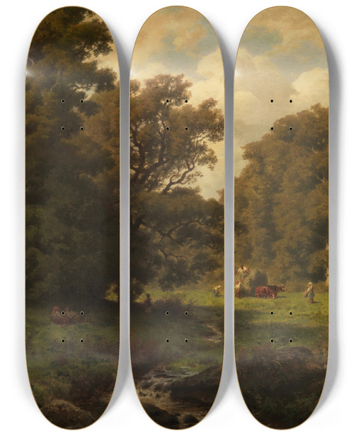 Triptych art skateboard deck of Jakob Maurer Heuernte Im Sen Grndchen Bei Mammolshain by Jakob Maurer (1826-1887)