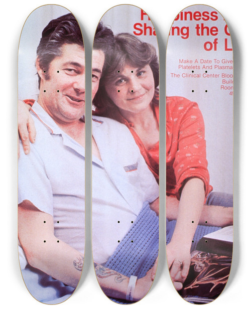 Triptych art skateboard deck of National Institutes Of Health Happiness Is Sharing The Gift Of Life Make A Date To Give Blood Platelets And Plasma Today by National Institutes Of Health (1887)